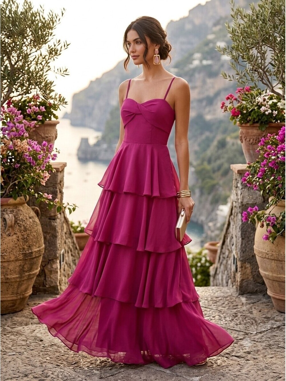 Latena Magenta Tiered Chiffon Maxi Dress Sweetheart Neckline Spaghetti Strap...